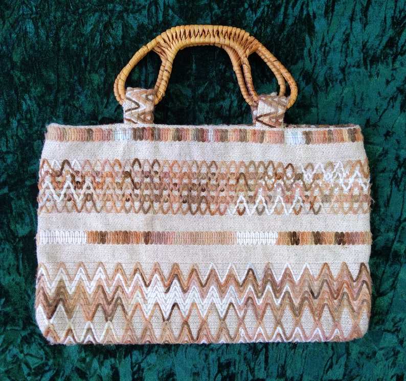 Vintage 70s 80s Beige Embroidered Chevron Patterned Burlap Purse with Wicker Handles image 2