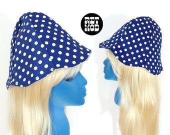 NWOT Incredibly Mod Vintage 60s 70s Navy Blue & White Polka Dot Cotton Hat