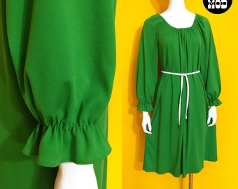 Lovely Vintage 70s Apple Green Boho Midi Dress