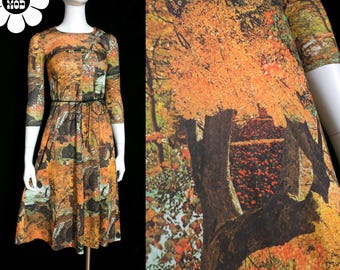 JUNIOR/PRETEEN SIZE - Vintage 70s Novelty Print Autumn Trees Long Dress