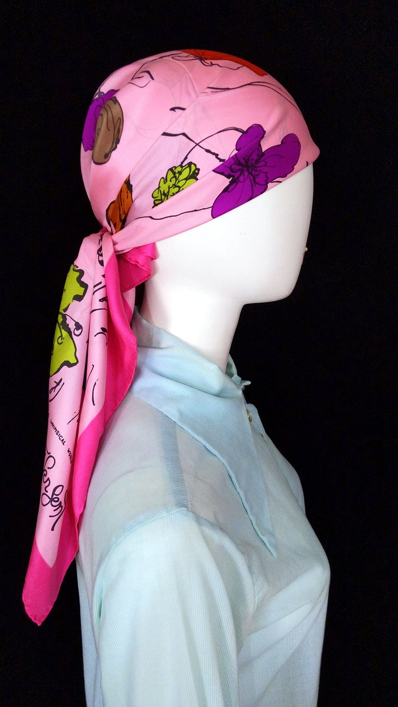 RARE Bright & Happy Lions Butterflies Vintage 60s 70s Pink Floral Square Scarf image 8