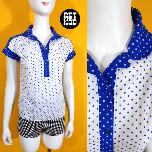 Sassy Vintage 70s 80s Blue & White Polka Dot Color Block Top