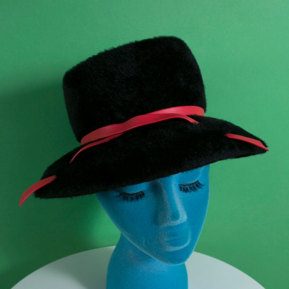 Mod Vintage 60s 70s Black Fur Bucket Hat with Red… - image 3