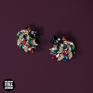 Chic Vintage 80s 90s Black Lion Head Earrings with Rhinestones & Red, Green and Blue image 6