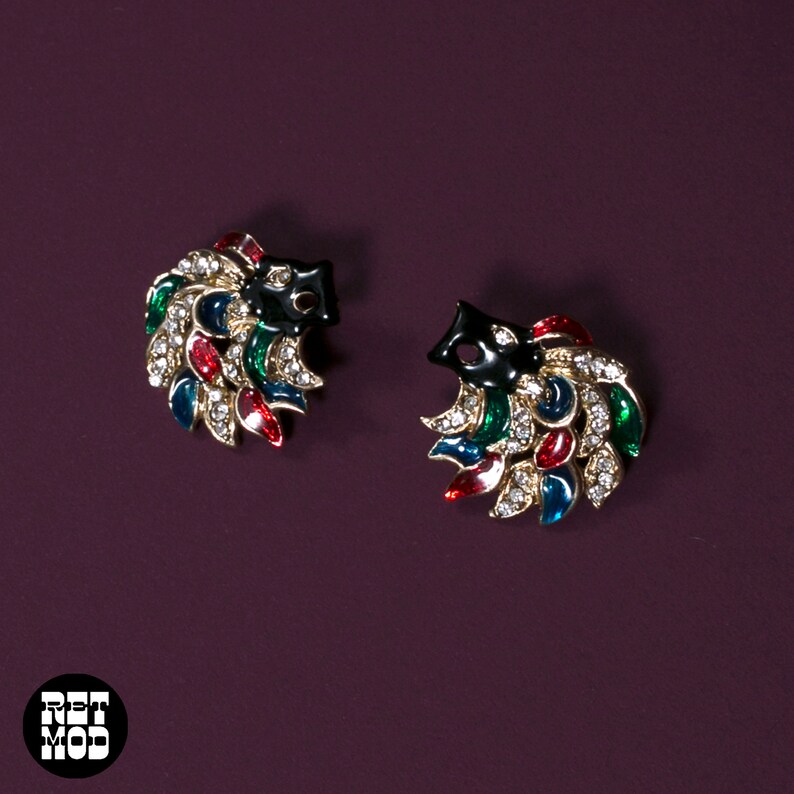 Chic Vintage 80s 90s Black Lion Head Earrings with Rhinestones & Red, Green and Blue image 6