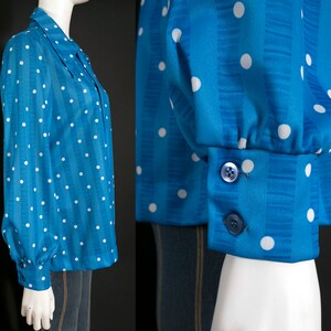 Pop Art Vintage 70s Blue & White Polka Dot Long Sleeve Collared Button Down Shirt PLUS SIZE image 7