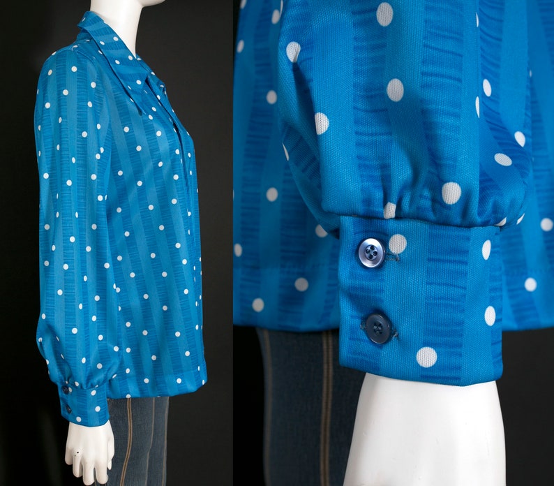 Pop Art Vintage 70s Blue & White Polka Dot Long Sleeve Collared Button Down Shirt PLUS SIZE image 7