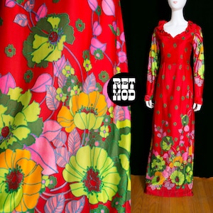 WOW Gorgeous Vintage 70s Red Green Flower Power Long Sleeve Maxi Dress image 1