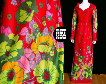 WOW Gorgeous Vintage 70s Red Green Flower Power Long Sleeve Maxi Dress