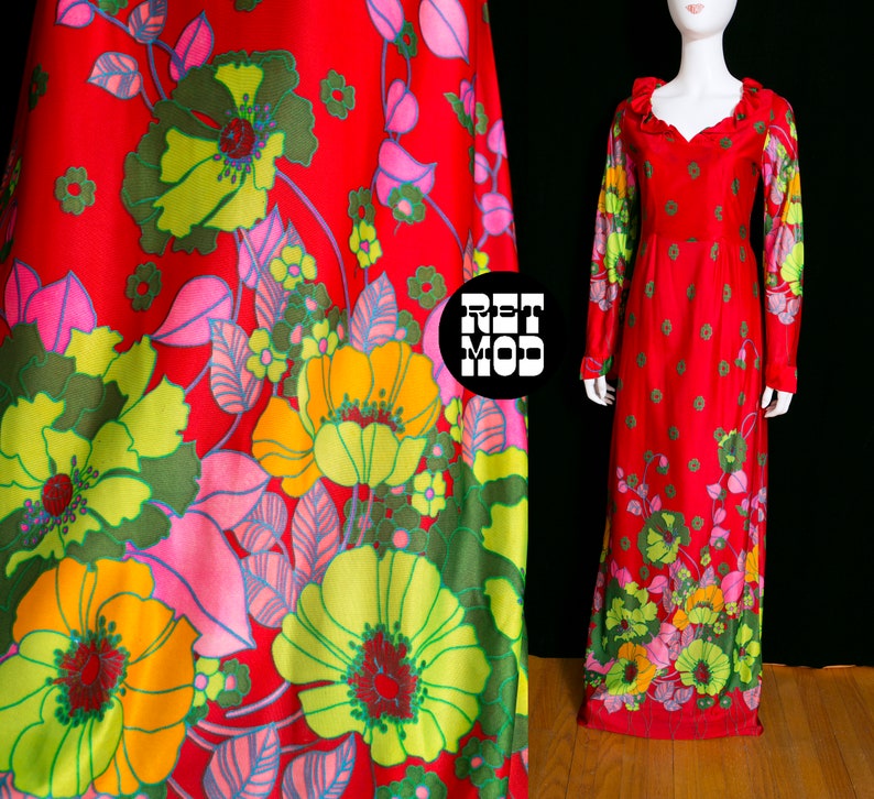 WOW Gorgeous Vintage 70s Red Green Flower Power Long Sleeve Maxi Dress image 1