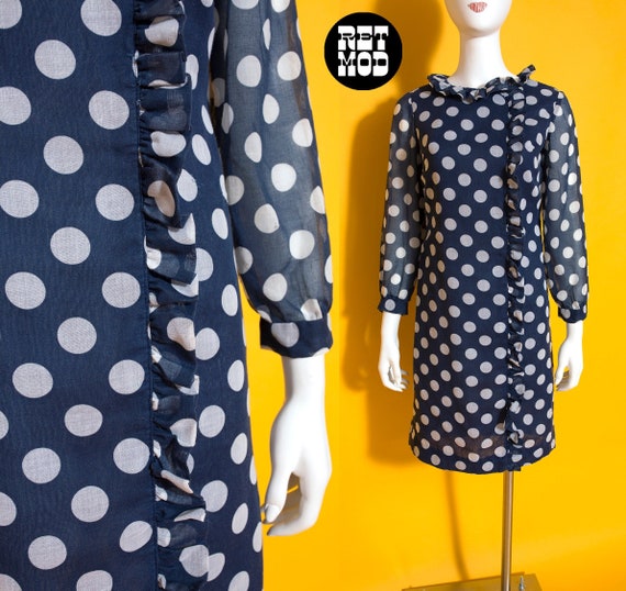 Iconic Vintage 60s Navy Blue & White Polka Dot Mo… - image 1