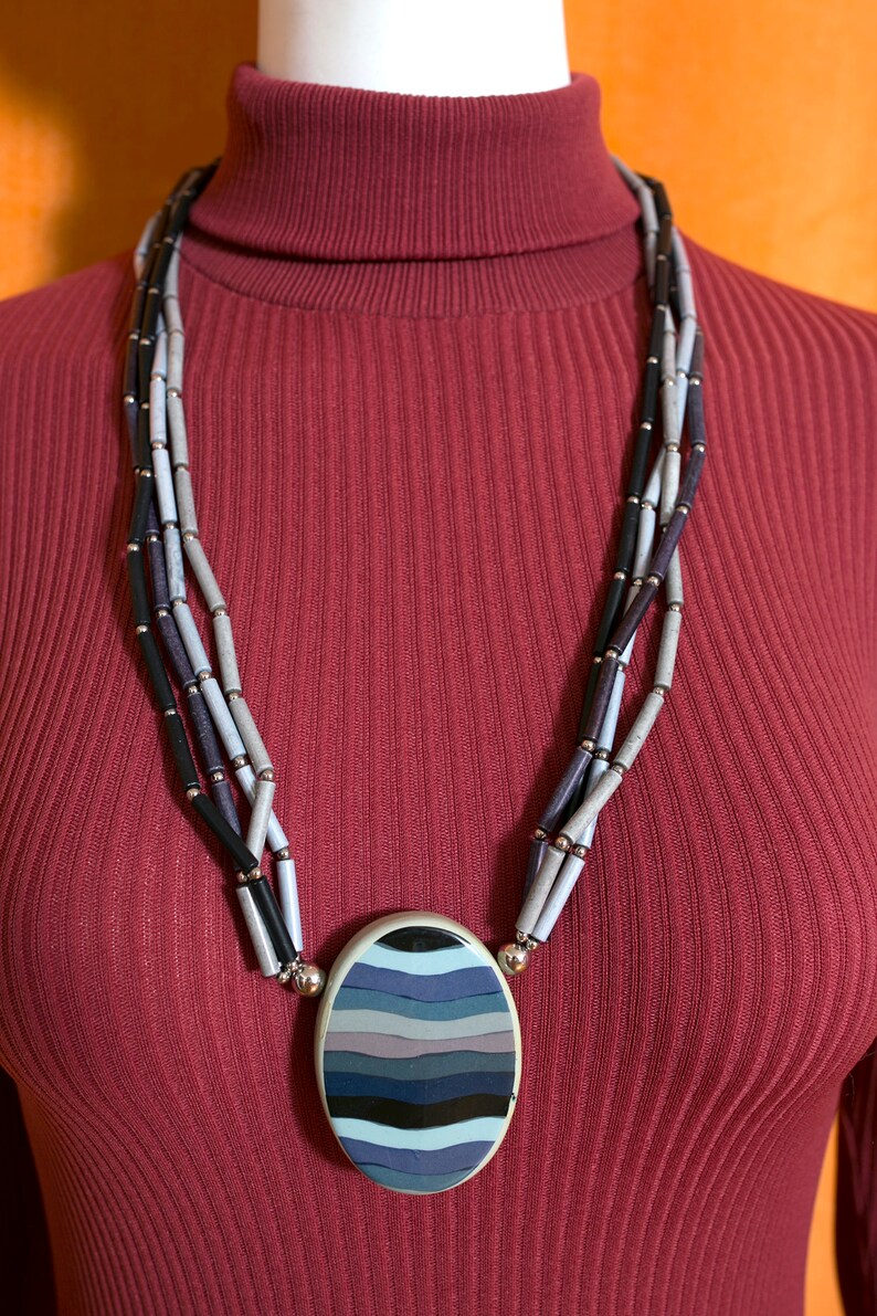 Chunky Vintage 70s 80s Blue Stripe Ceramic Statement Necklace image 2