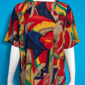 Cool Unique Vintage 80s 90s Red Beige Blue Abstract Pattern Short Sleeve Blouse image 2