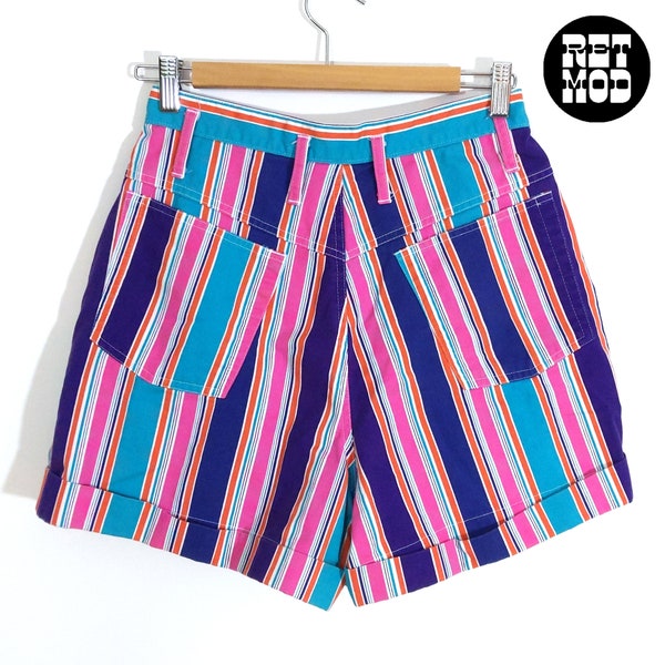Colorful Vintage 90s Pink Purple Blue Stripe Shorts with Pockets
