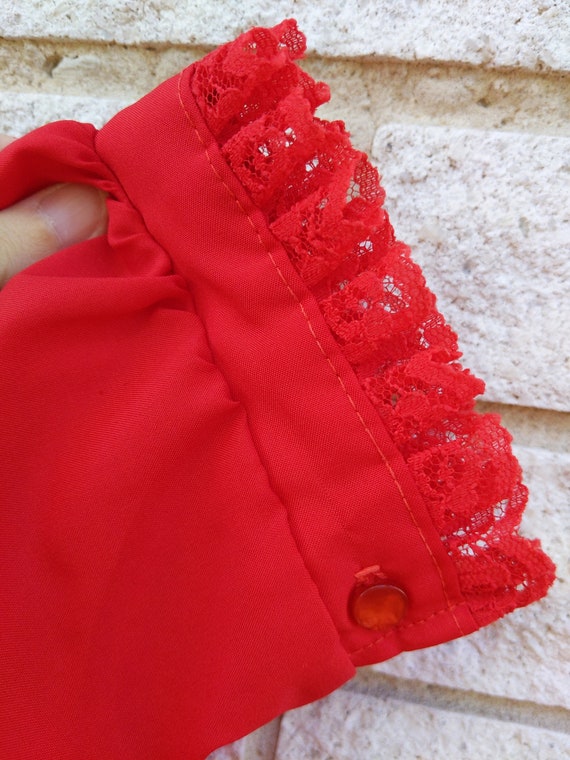 Vampy Vintage 70s 80s Red Ruffle Lace Long Sleeve… - image 9