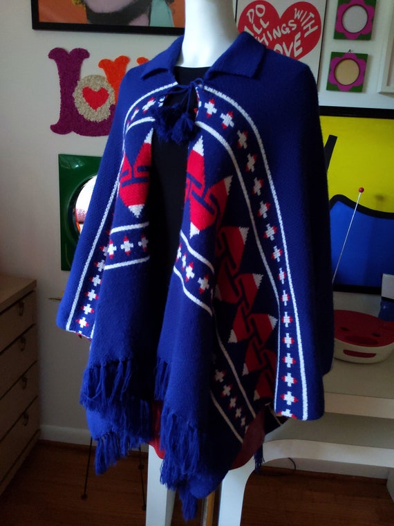 STUNNING Vintage 70s Navy Blue, Red, White Collar… - image 2