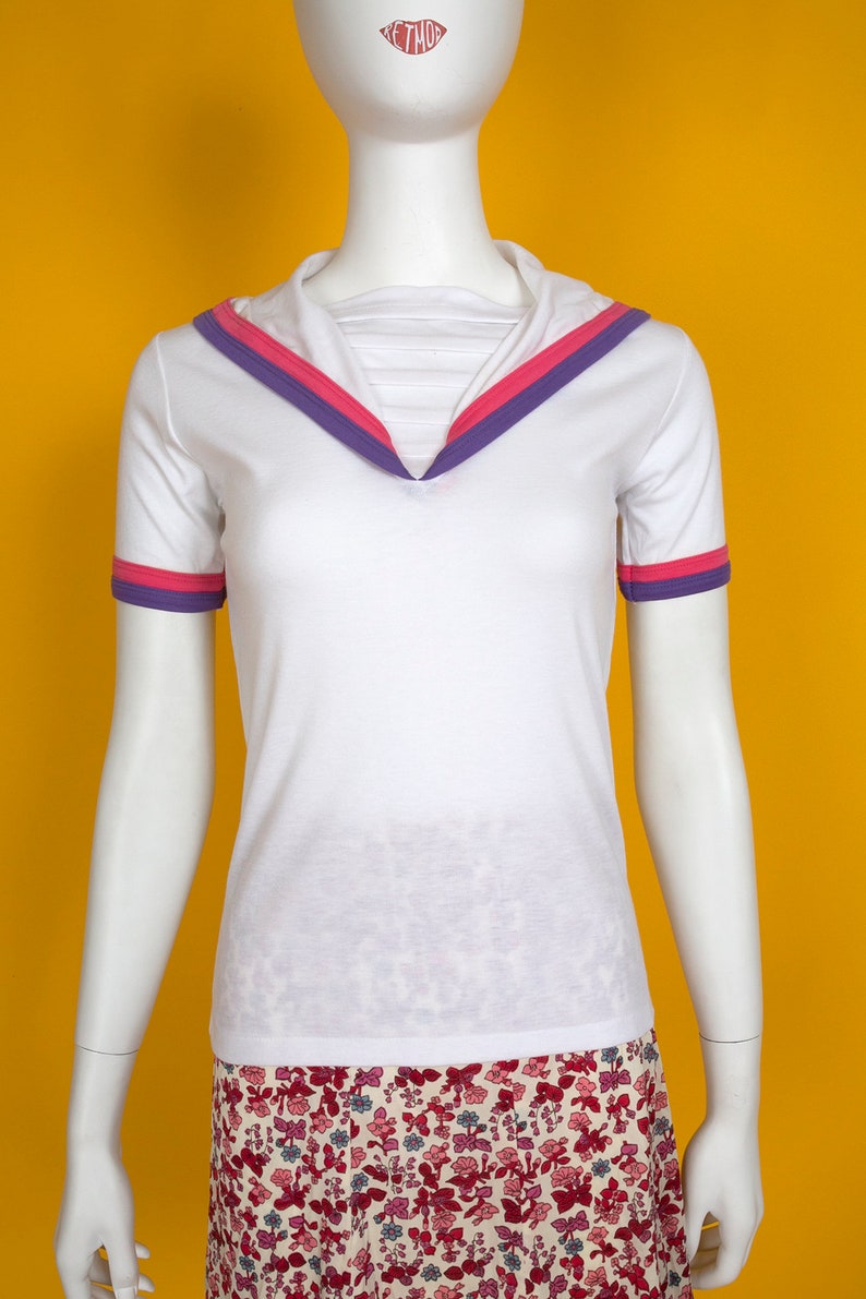 Pink Purple Stripe Nautical Style T-Shirt Top with Original Store Tags Cute Vintage 70s 80s White