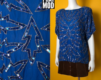 Cool Vintage 80s 90s Blue Geometric Pattern Sequin Party Blouse Top Tunic