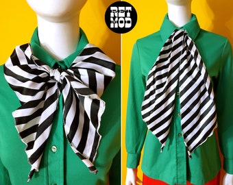 Fun Vintage 80s Black White Stripe Long Satin Scarf