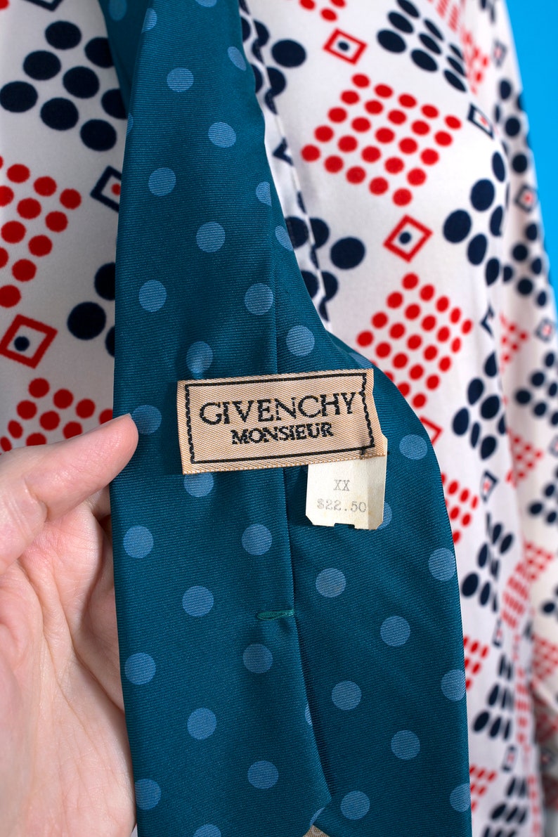 Givenchy Vintage 70s 80s Dark Blue/Teal Polka Dot Neck Tie image 5