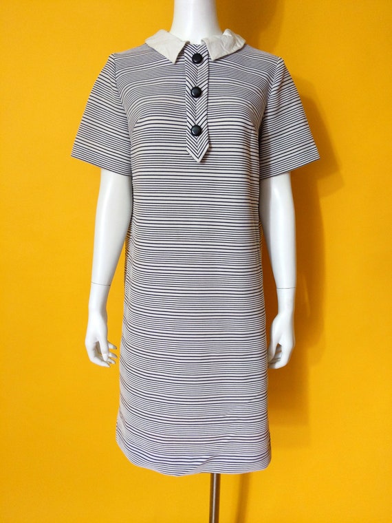 Cute Vintage 60s 70s Black White Stripe Poly Dres… - image 3