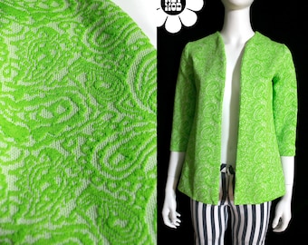 Jaqueta blazer vintage descolada dos anos 60/70 em malha dupla de poliéster com estampa paisley verde limão.