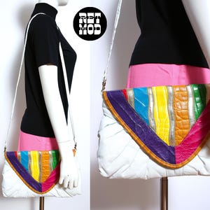 Sac à main vintage animé vintage des années 80 en cuir blanc coloré avec patchwork, pochette plate, pochette