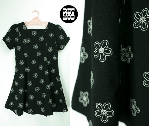 CHILD SIZE - Vintage 70s Black Dolly Mini Dress with White Flower Embroidery CHILD SIZE - Vintage 70s Black Dolly Mini Dress with White Flower Embroidery