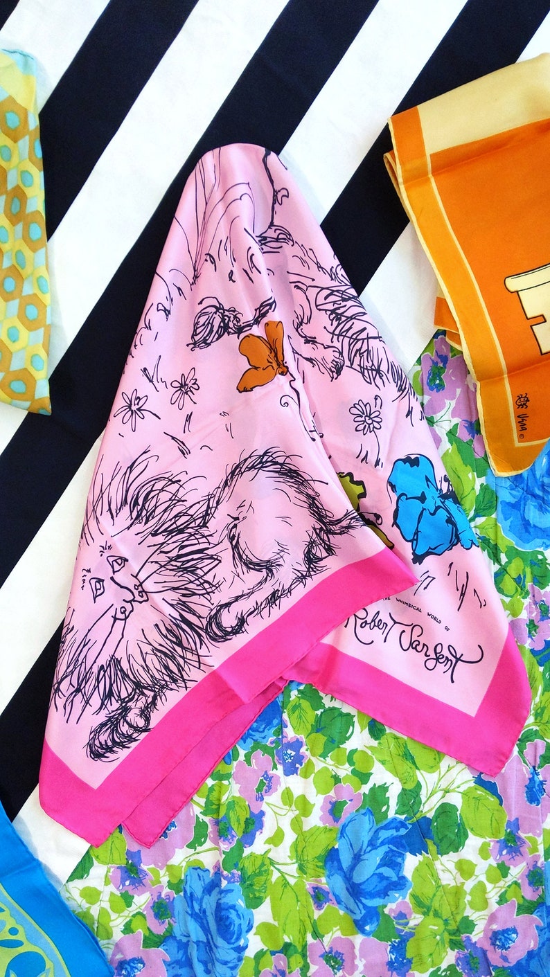 RARE Bright & Happy Lions Butterflies Vintage 60s 70s Pink Floral Square Scarf image 10