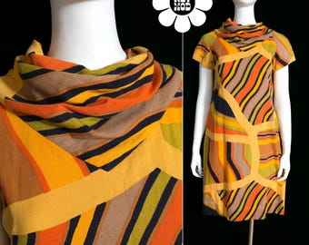 Spectacular Vintage 60s 70s Orange Gold Green Psychedelic Op Art Shift Dress