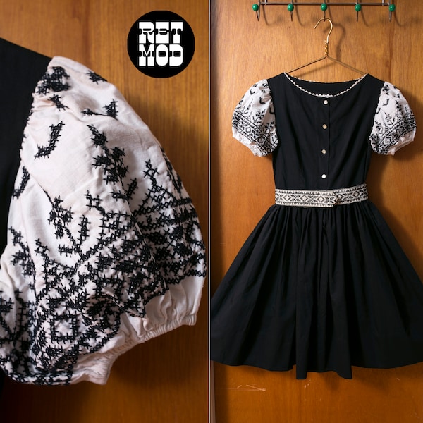 Super Cute Vintage 50s 60s Black & White Cotton Fit and Flare Dress with Embroidery