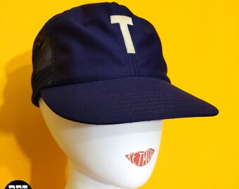 Vintage 60s 70s Navy Blue Baseball Hat with the Letter T