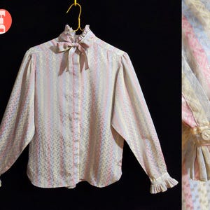 Sweet Vintage 70s 80s Pastel Gray Pink Blue Yellow Stripe Patterned Long Sleeve Blouse with Ruffle Collar and Cuffs & Neck Bow