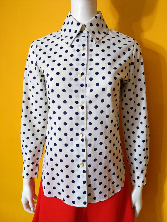 Cute Vintage 60s 70s White & Navy Blue Polka Dot … - image 2