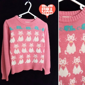 Kids Size - So Cute Vintage 70s 80s Pink Cat & Mouse Novelty Sweater