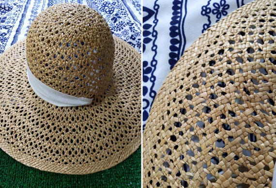 Vintage Raffia Straw Summer Hat with Neck Tie - W… - image 6
