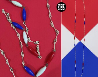 Lovely Vintage 60s 70s White Chain Long Necklace with Red, White, Blue Beads - Wear Long or Double Up