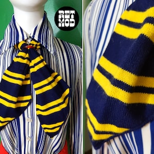Unique Vintage 60s 70s Navy Blue & Yellow Stripe Soft Acrylic Neck Tie Scarf image 1