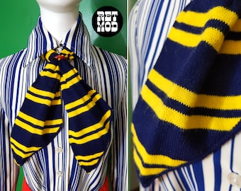 Unique Vintage 60s 70s Navy Blue & Yellow Stripe Soft Acrylic Neck Tie Scarf