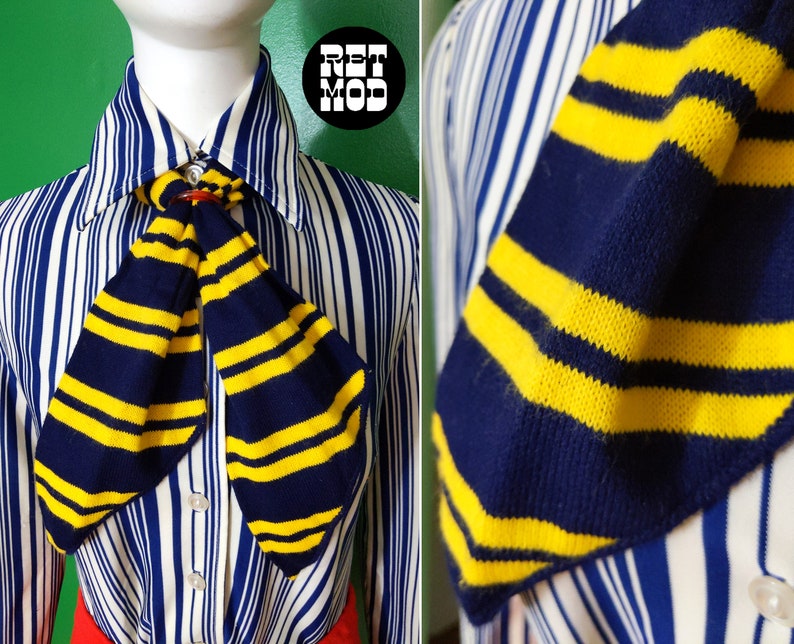 Unique Vintage 60s 70s Navy Blue & Yellow Stripe Soft Acrylic Neck Tie Scarf image 1