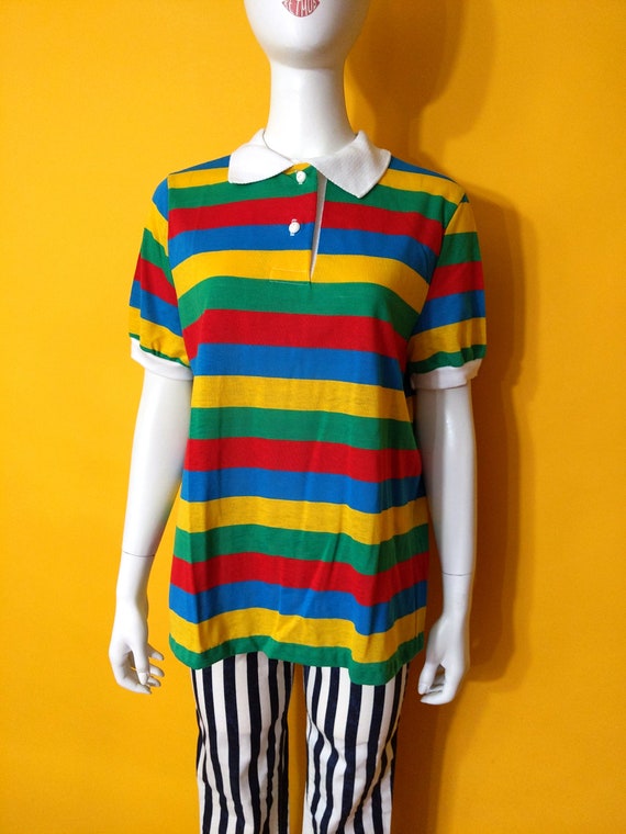 Bright Vintage 70s Colorful Stripe Polo Shirt by … - image 2
