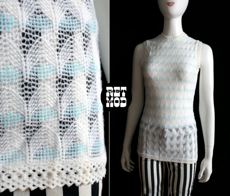 So Gorgeous Vintage 60s 70s White & Pastel Blue Woven Bargello Sleeveless Tunic Top image 1