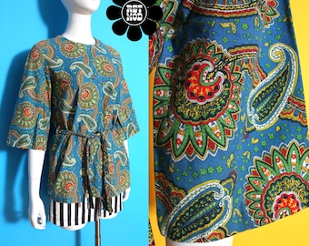 Lovely Vintage 60s 70s Blue Colorful Psychedelic Paisley Patterned Boho Bell Sleeve Tunic Top