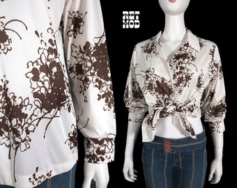 Lovely Vintage 60s 70s White Brown Floral Long Sleeve Collared Button Down Shirt