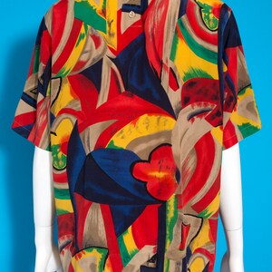 Cool Unique Vintage 80s 90s Red Beige Blue Abstract Pattern Short Sleeve Blouse image 8