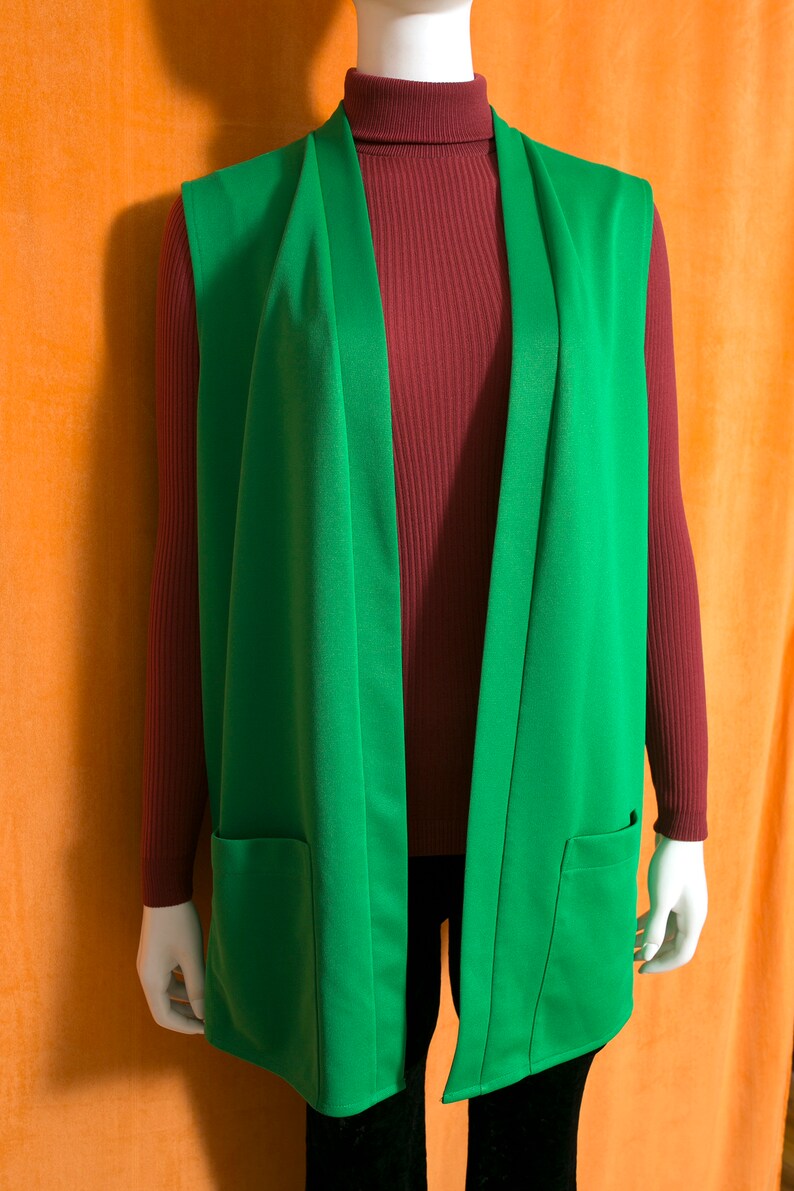 Gilet lungo in poliestere verde Kelly vintage anni '70 taglie forti con tasche immagine 4