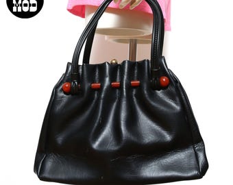 Fantastic Vintage 70s Black Top Handle Purse with Lucite Amber Bar