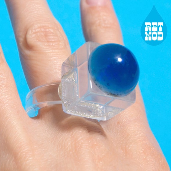 ICONIC Vintage Clear Lucite Statement Cube Ring w… - image 1