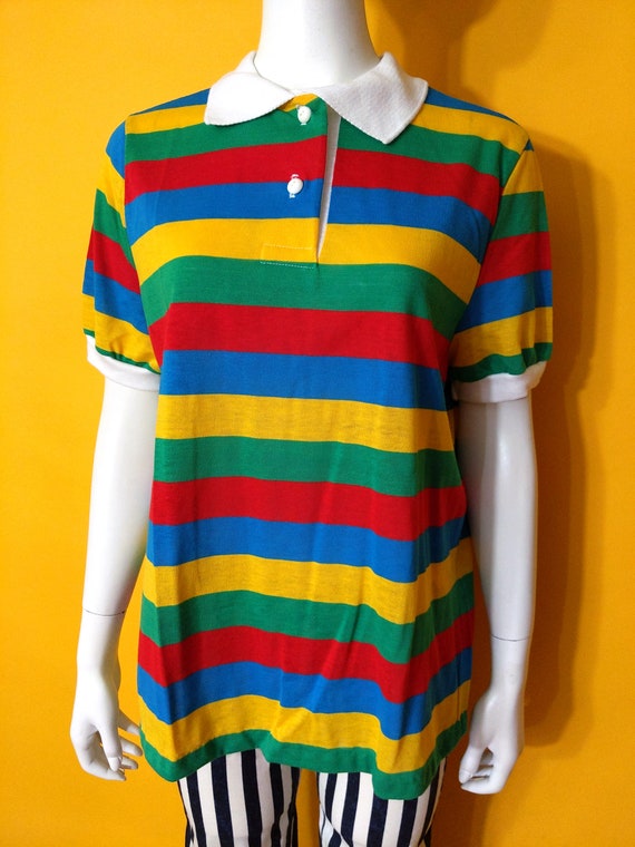 Bright Vintage 70s Colorful Stripe Polo Shirt by … - image 3