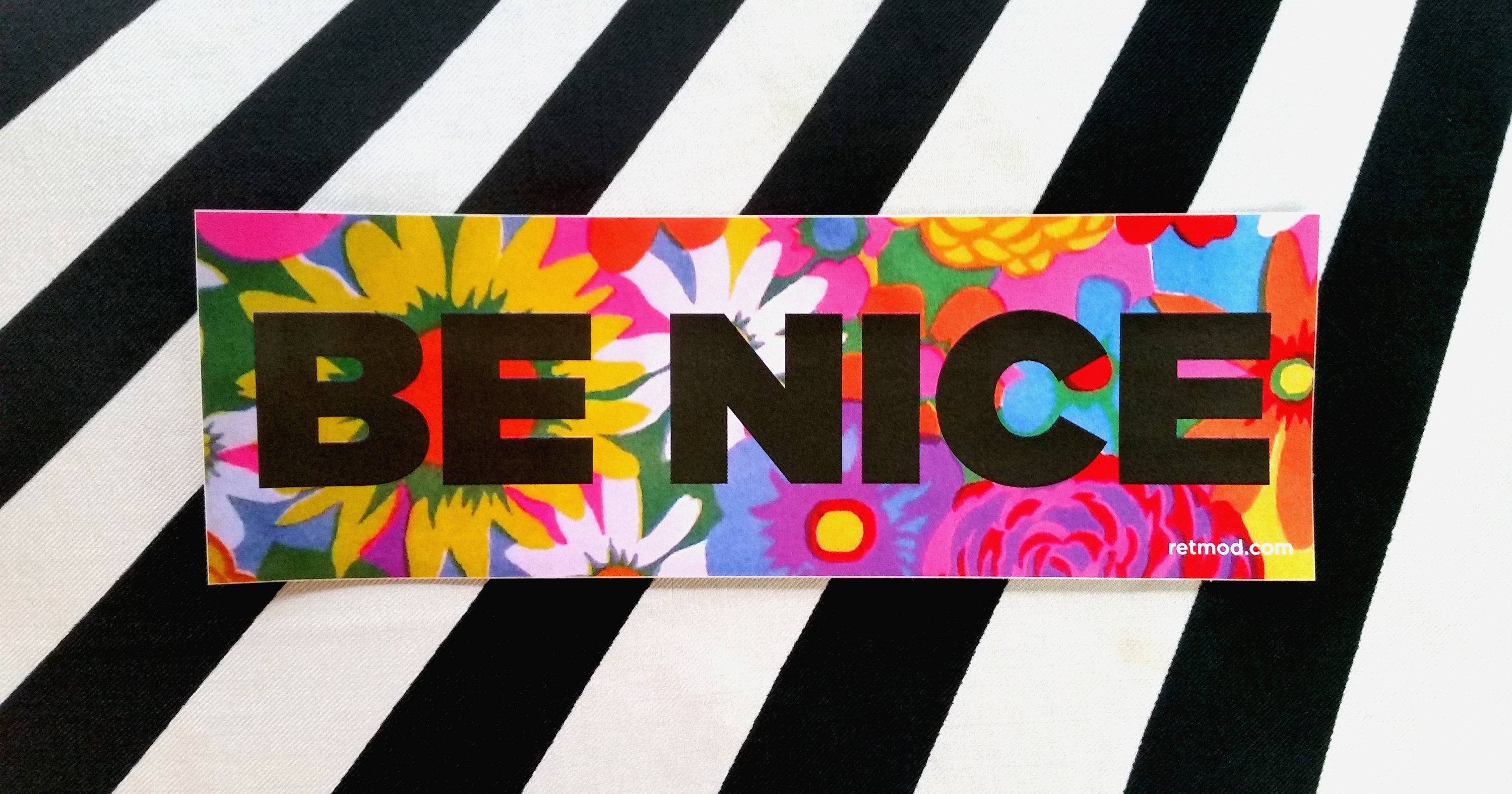 Exclusive RetMod "BE NICE" Flower Power Bumper Sticker - Sp…